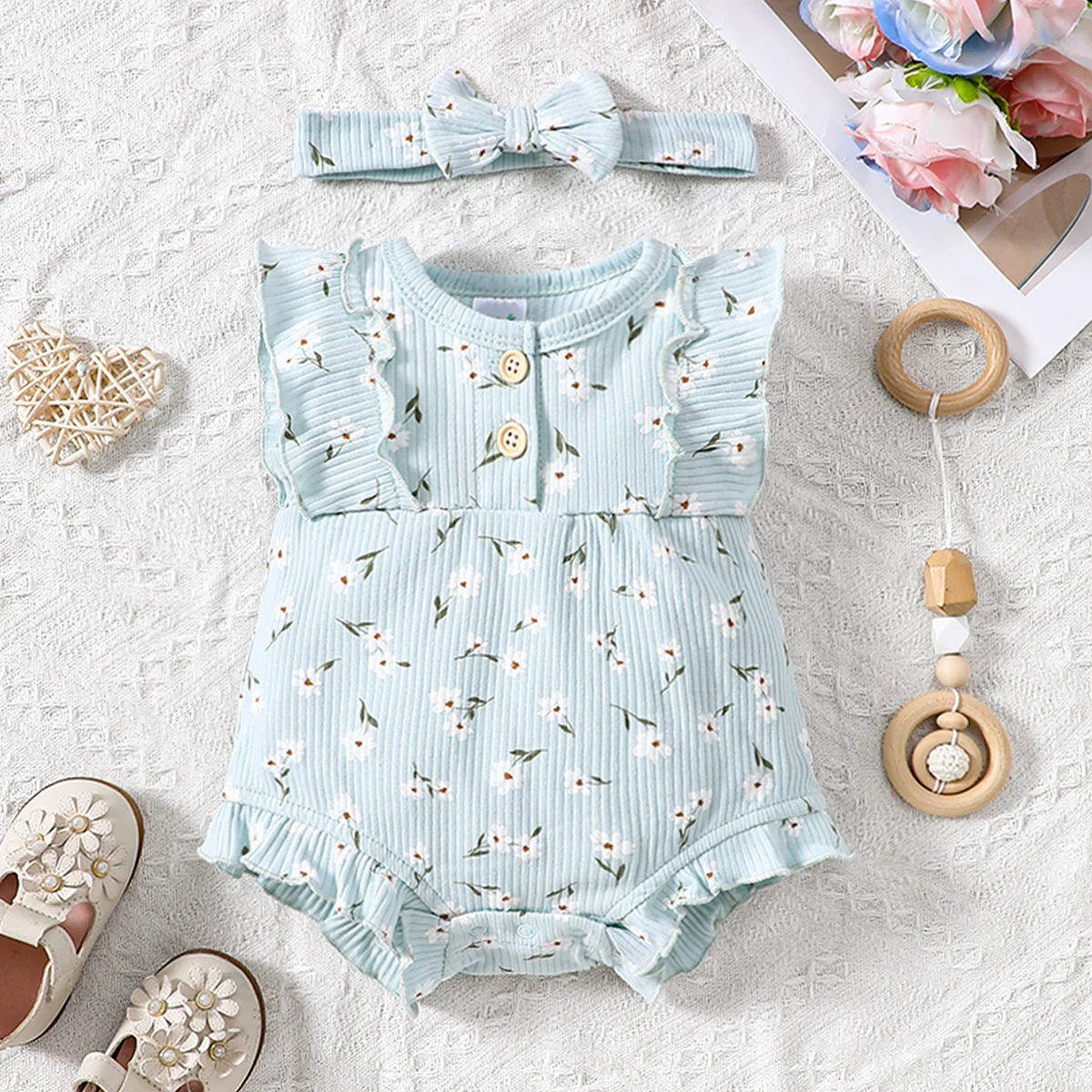 2PCS Summer Vibrant Girl Baby Creeper Flower Pattern Blurred Button Clothing Jumpsuit 0-2y Children's Sleeveless Cute Pajamas