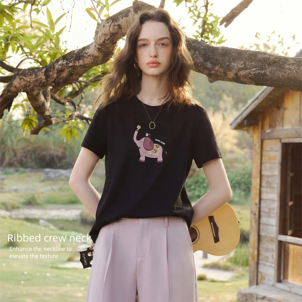 OLrain Black Fashion Commuter Color Block Print Short Sleeve Tee 2026 Summer Ribbed Crew Neck Loose Casual Top Women O58XT006515