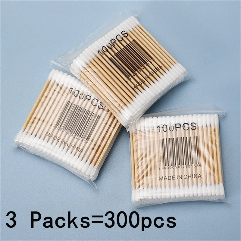 3 paquetes de 300 Uds. De hisopos de algodón redondos de doble cabeza con palos de bambú, herramientas cosméticas para el cuidado de las uñas con punta de precisión