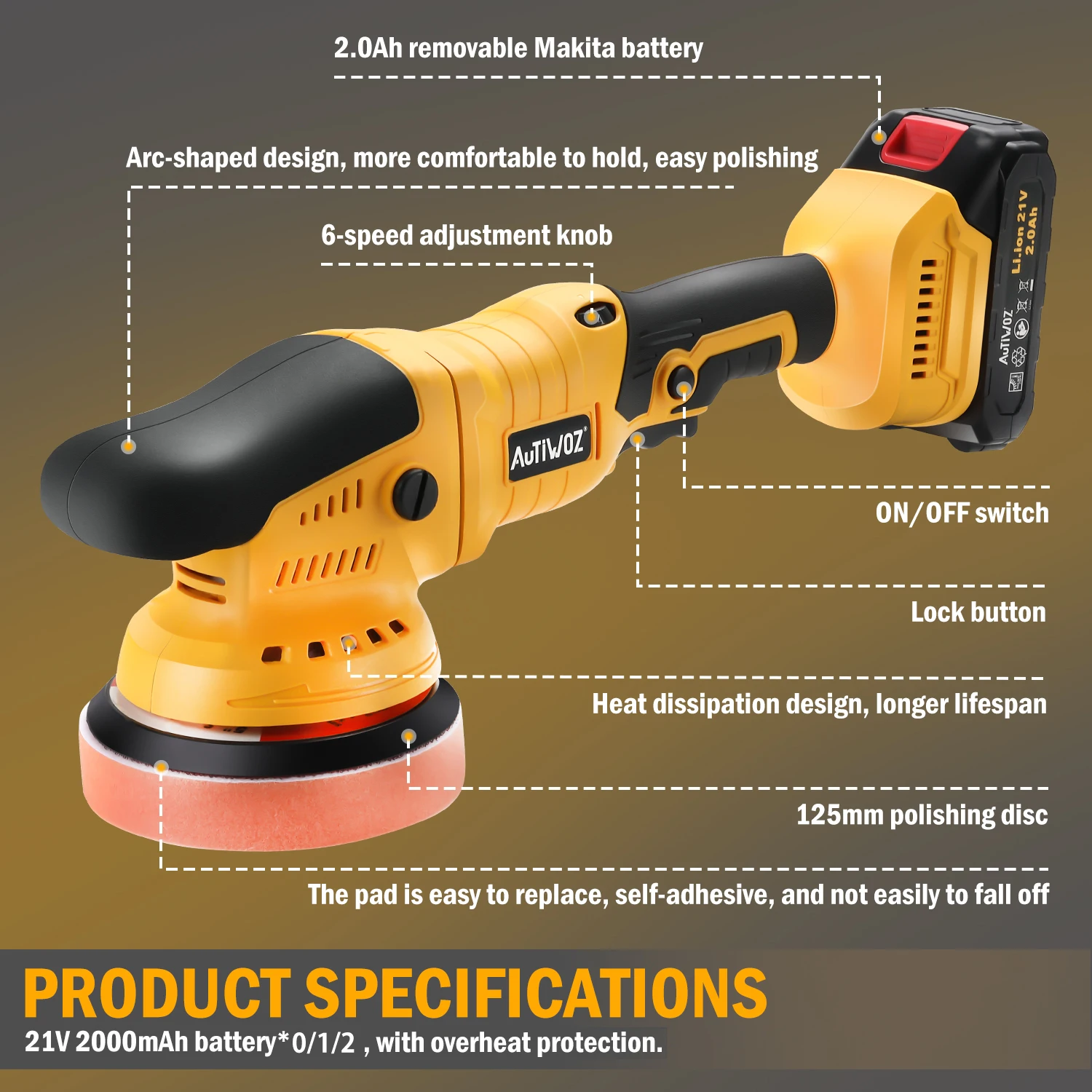 Lucidatrice a batteria AUTIWOZ Lucidatrice orbitale casuale a 6 velocità da 125 mm con tampone autoadesivo e protezione dal surriscaldamento