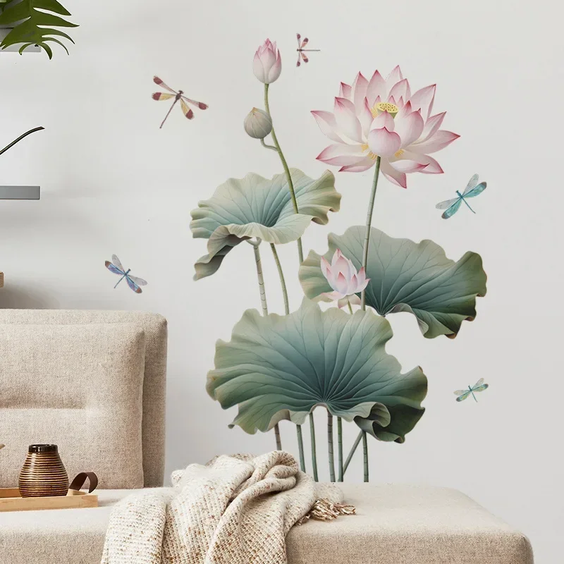 Green Plant Lotus Flower Wall Stickers For Room Decor Aesthetic Wall Decoration Bedroom Accessories Home Decor Plant Wallpaper