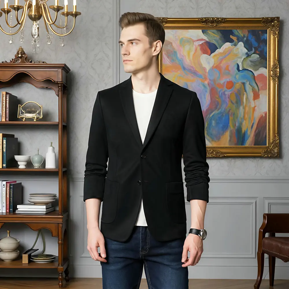 Men Khaki Black Blazers Subtle Pattern Fleece Fabric Outfits Old Money Slim Fit Notched Lapel Single Breasted Design Attire