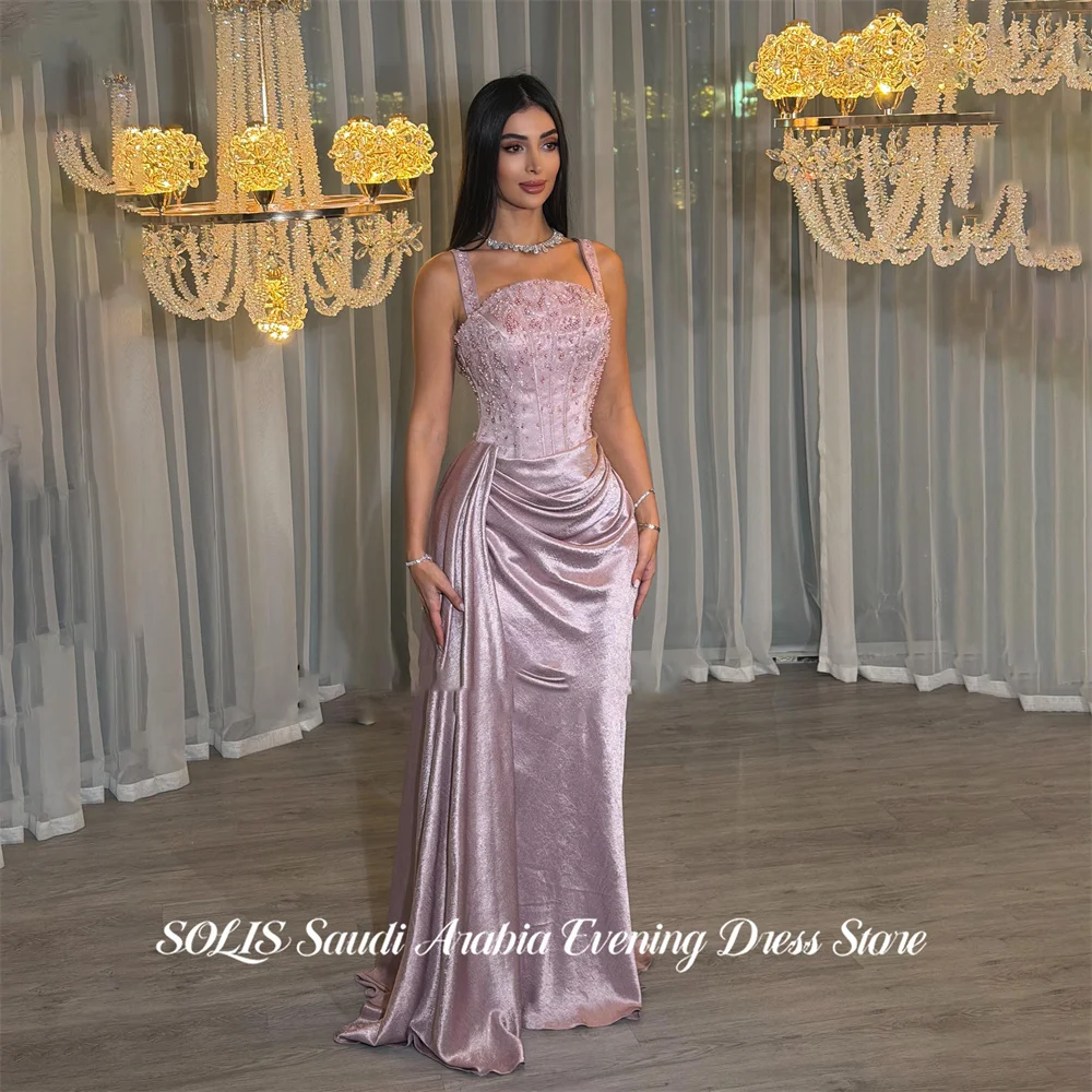 SOLIS Pink Party Dress Spaghetti Strap Sleeveless فساتين السهرة Beading On Chest Night Dress Trumpet Celebrity Dress Customized