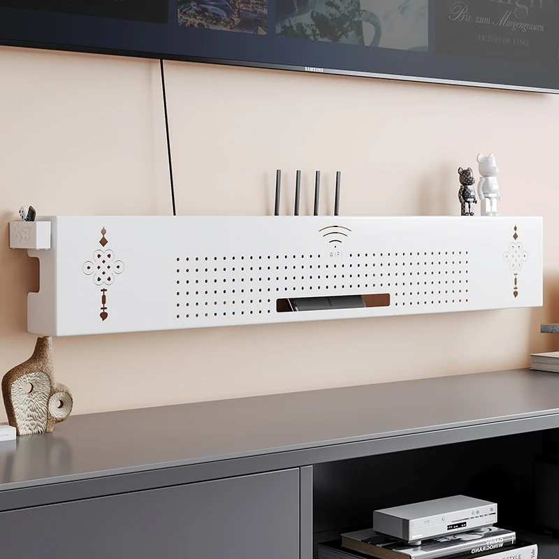 Wall Mounted No Drill Router Holder TV Set Top Box Stand with Power Strip Cover Cable Organizer for Living Room Wire Concealment