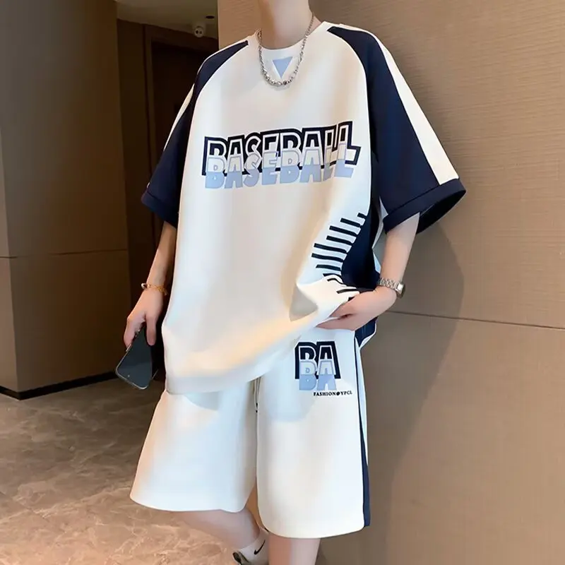 Men's Daily Oversized Suit M-6XL American Style Patchwork Top Shorts 2 Piece Set Trendy Sports Set Minimalist Men's Clothing New