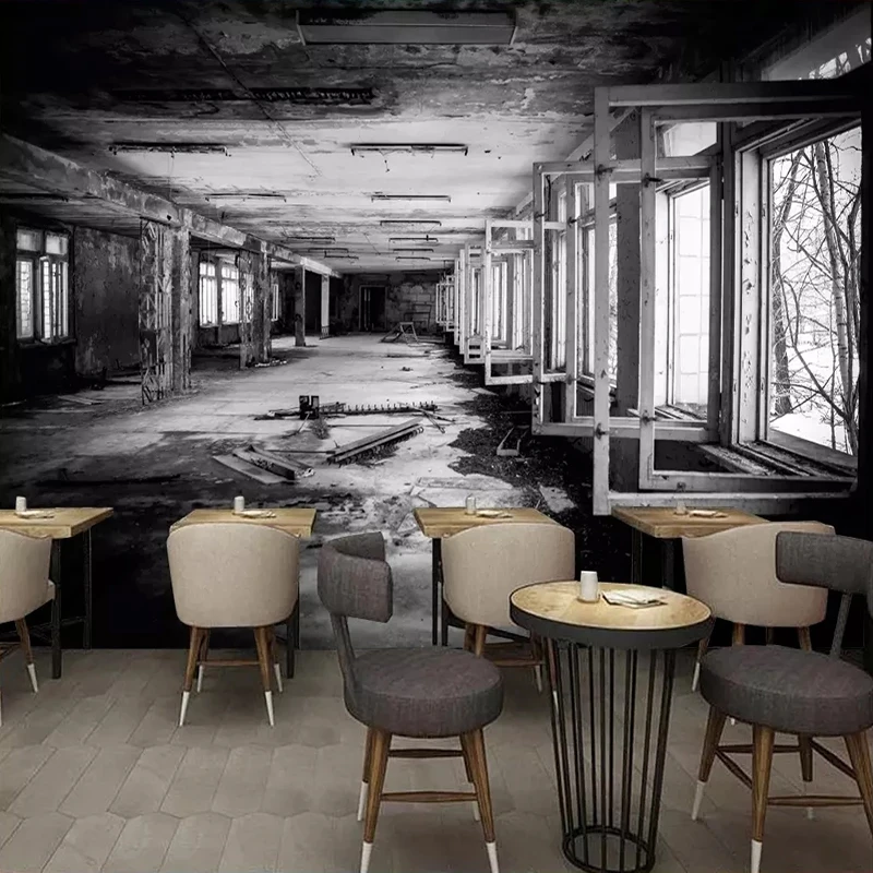 Customized 3D Photo Wallpaper Creative Space Black White Factory Graffiti Art Cafe Escape Room Dilapidated factory building 8d