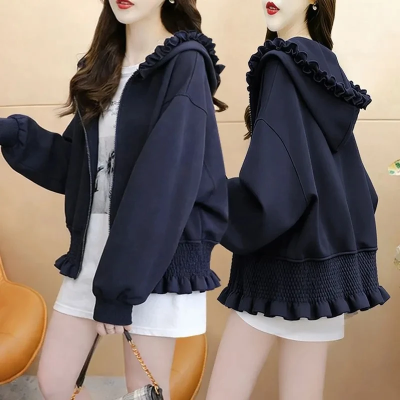 Preppy Style Coats Hoodie Long Sleeve Kangaroo Pocket Zipper Ruffles Jackets Fashion Loose All Match Tops 2026 Women's Clothing