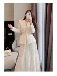 High Quality 2024 New Skirt Suit Women Elegant Korean Lace-Up Fashion Blazer + Long Mesh Skirt Casual Evening Party 2-Piece Set