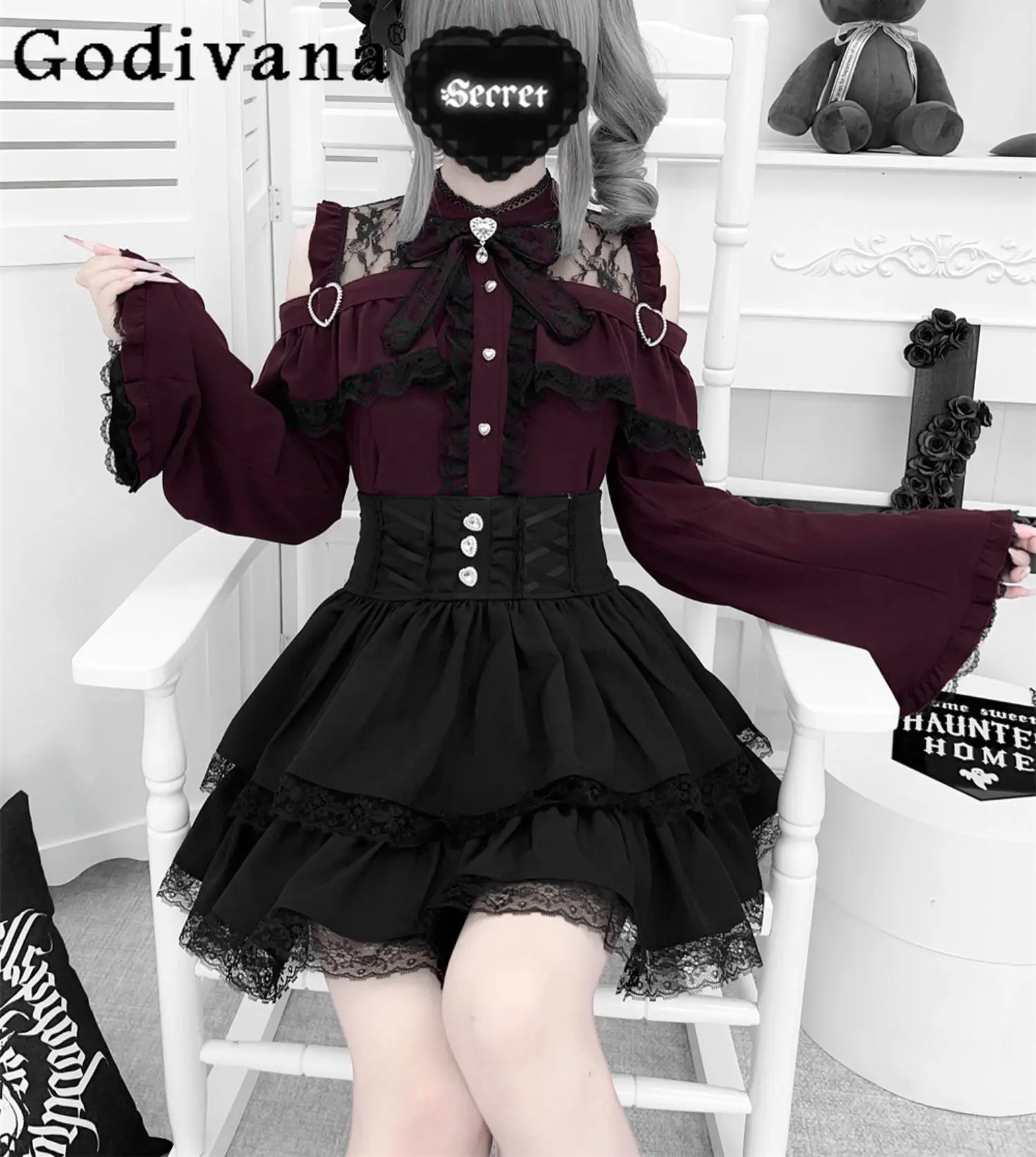

Оригинальная японская субкультура, готическая рубашка с длинными рукавами, комплект с юбкой, осень 2021, милая элегантная рубашка с открытыми плечами в стиле Лолиты, короткие юбки