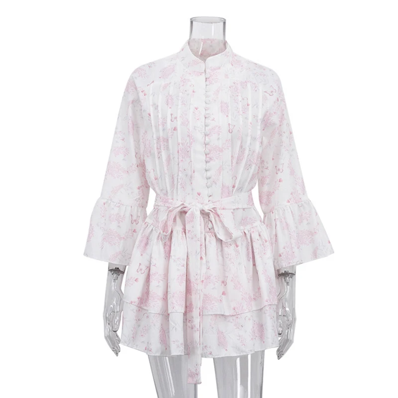 

Fashion Print Lace Up A-line Dresses Spring Women Stand Collar Long Sleeves Dress Autumn High Waist Single Breasted Mini Dress
