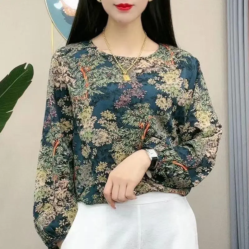 Autumn and Winter Aesthetic Commuter Shirt Vintage Women Elegant Trendy Print Round Collar Long Sleeve Loose Casual Chiffon Top