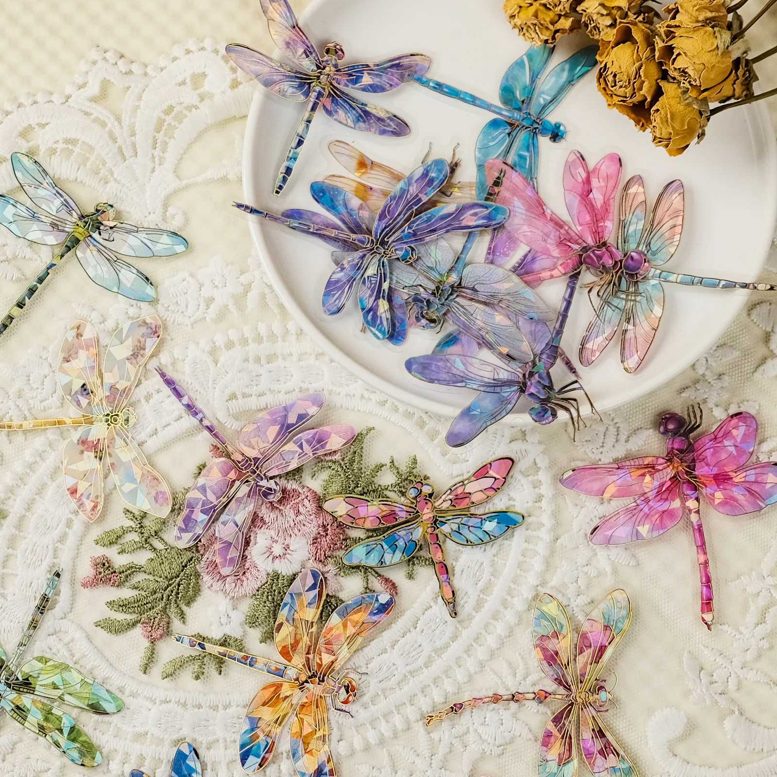 

30Pcs Dream Dragonfly Theme PET Laser Bronzing Sticker Creative Colorful Dragonfly Handbook Waterproof Sticker