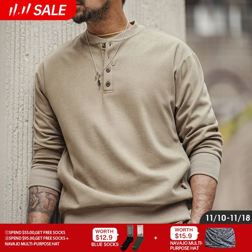 

Maden American Casual Henry Collar Men's Clothing Tops Sweatshirt Clean-fit Long-sleeved Bottoming Spring T-shirt Fashion