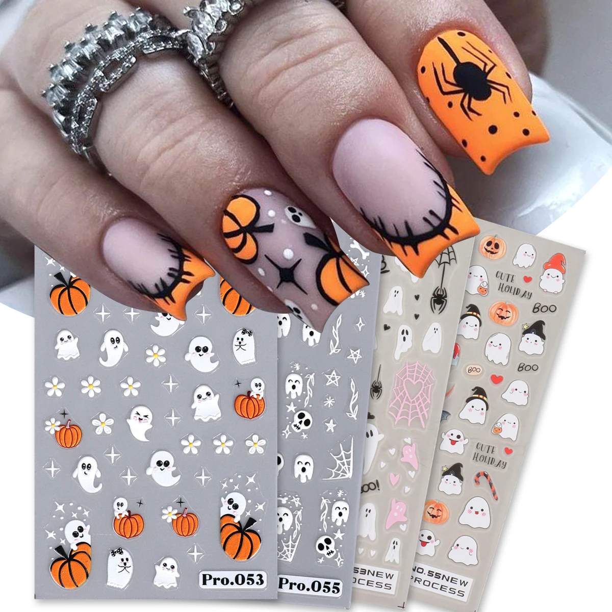 4 pezzi di adesivi per unghie opachi con zucca fantasma di Halloween, teschio spettrale francese, ragnatela, fiori, decalcomanie adesive, decorazioni per manicure