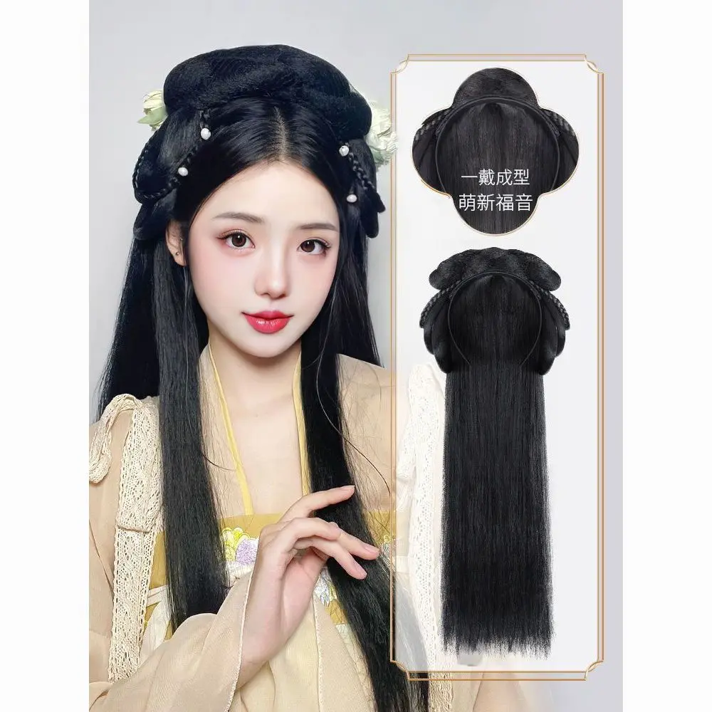 Hanfu Hair Accessory All-in-One Wig Bun Hairband | Pre-Styled Lazy Updo Set | Heat Resistant Fiber for Women Cosplay Costume