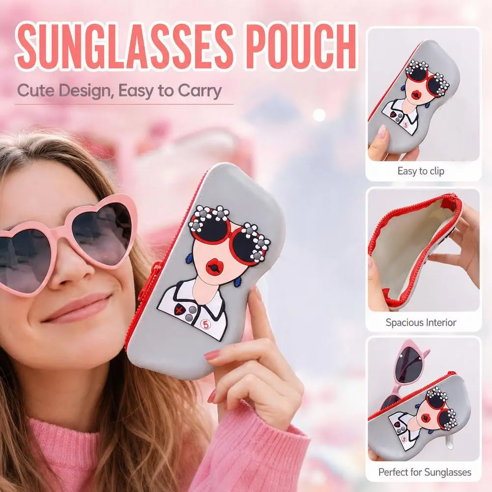 Portable Eyeglasses Case Cute Soft Silicone Zipper Sunglasses Pouch Waterproof Drop-Resistant Travel Glasses Case for Women Girl