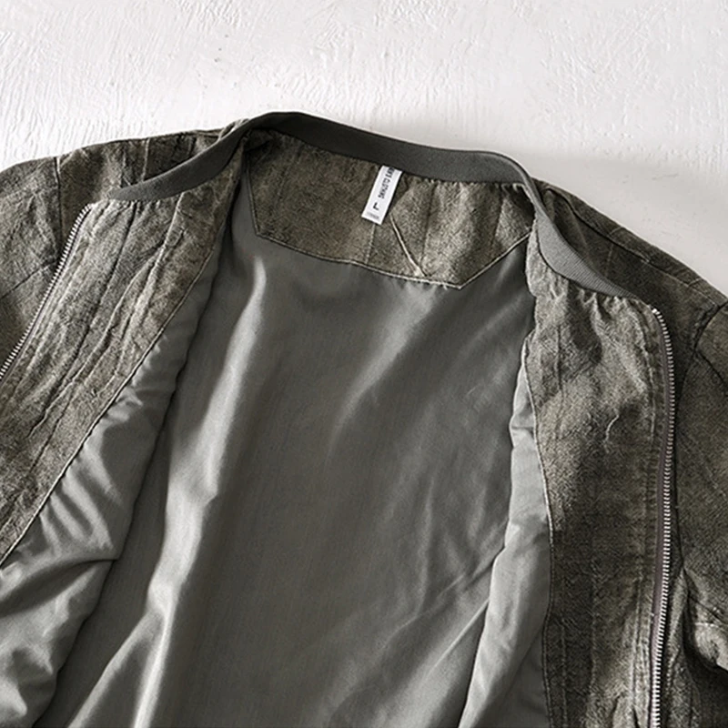 Vintage Linen Jacket Men Spring Autumn New Khaki Pleated Stand Collar Multi-pocket Zipper Loose Jacket Casual Coat Plus Size