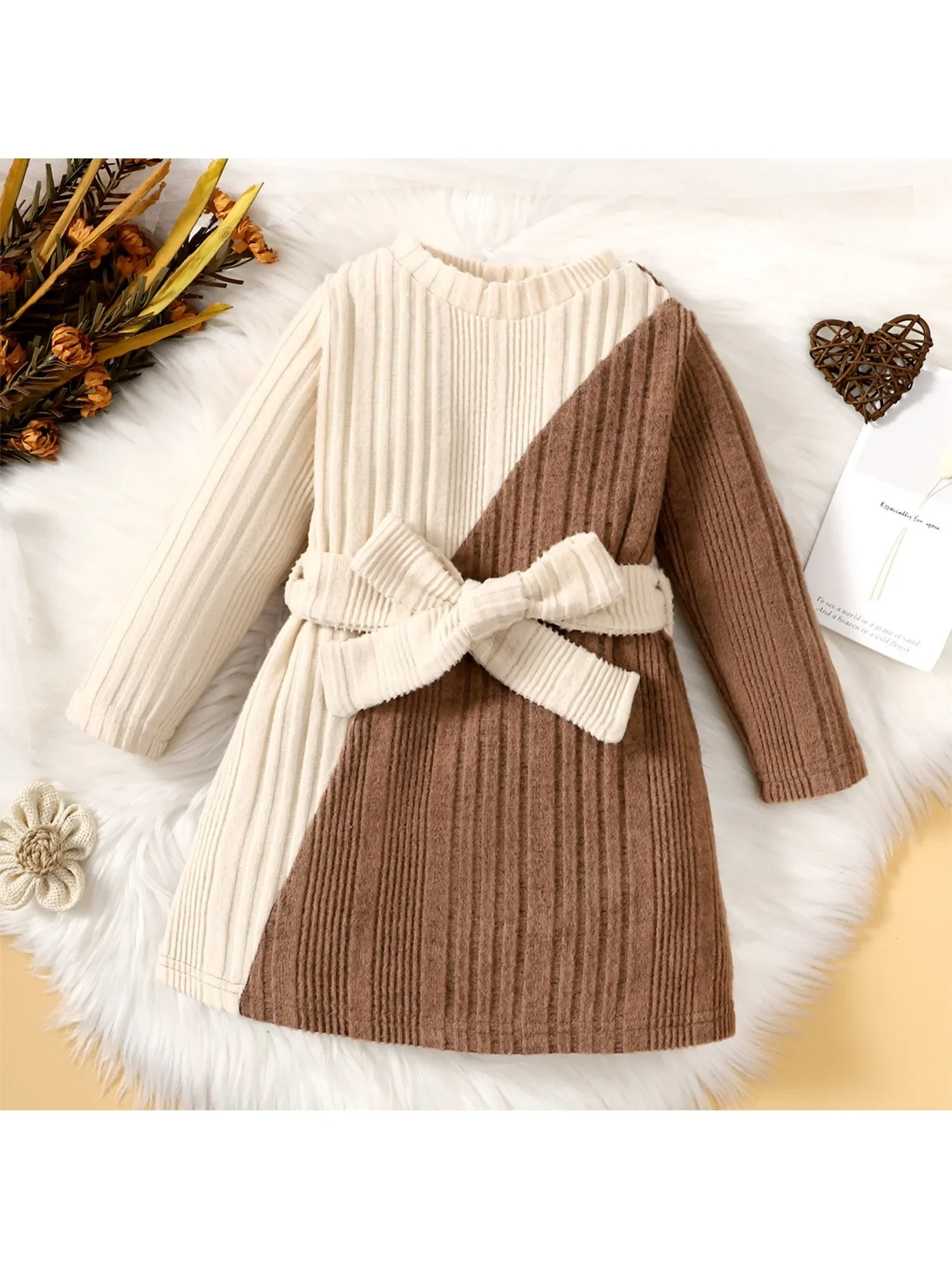 Infant Girl Dress Long Sleeve Color Block with Belt Skirt Autumn and Winter Knit Dress Party Costumes For Toddler Girl 0-3 Years