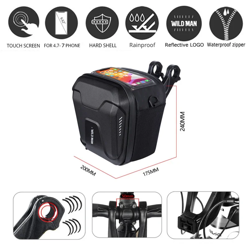 WILD MAN Rainproof Bike Front Bag Multifunctional Bicycle Handlebar Bag Cycling Head Bag Bycicle Accessories Storage Capacity 3L