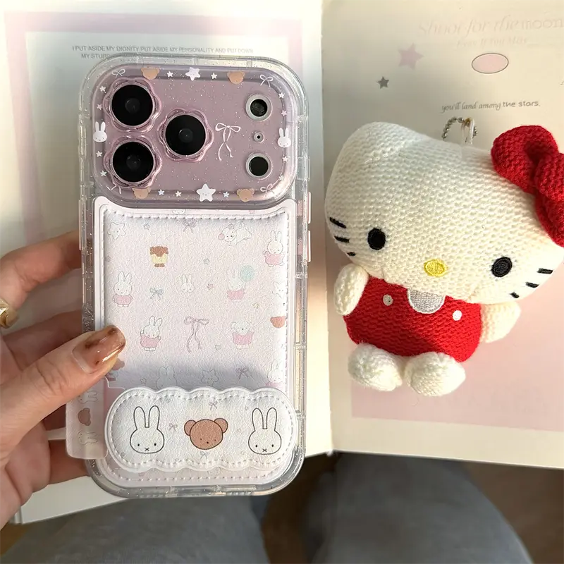 Kawaii Bear Rabbit Phone Case with Stand for iPhone 16 Pro 15 13 14 17 Pro Max Cases With Plush Pendant Cartoon Fundas Cute Case - Image 3