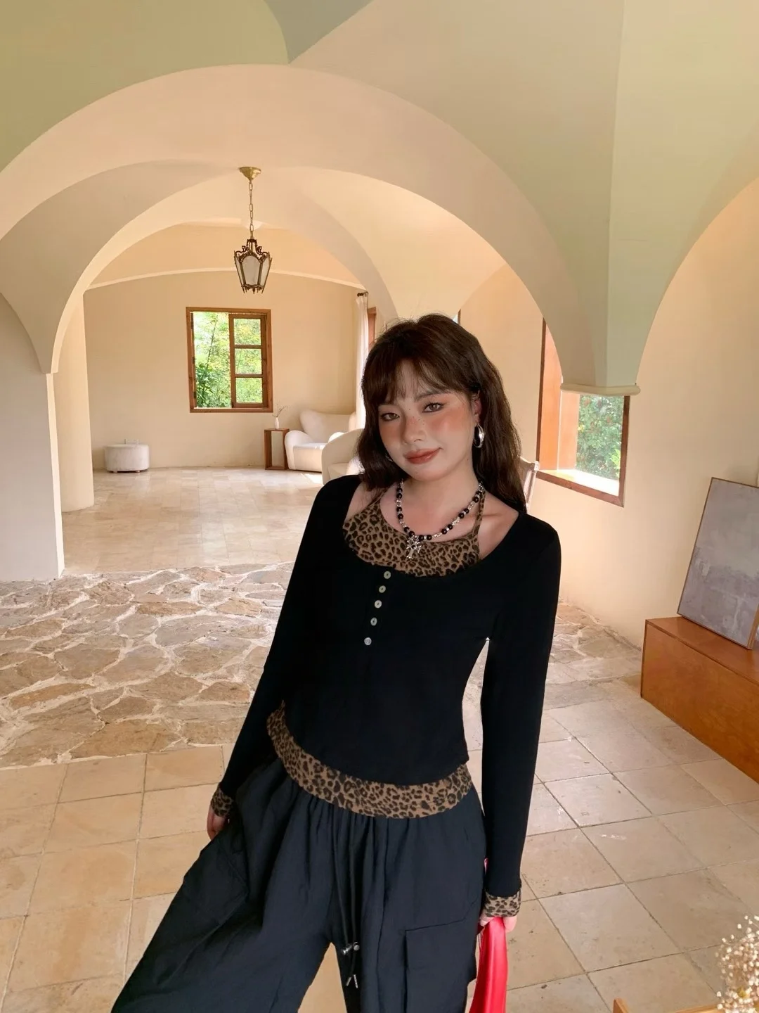 

Футболка больших размеров с леопардовым принтом, топ с базовым слоем Ne Long Sve, футболка Spicy Girl Sle с креативным узором, смесь хлопка и полиэстера