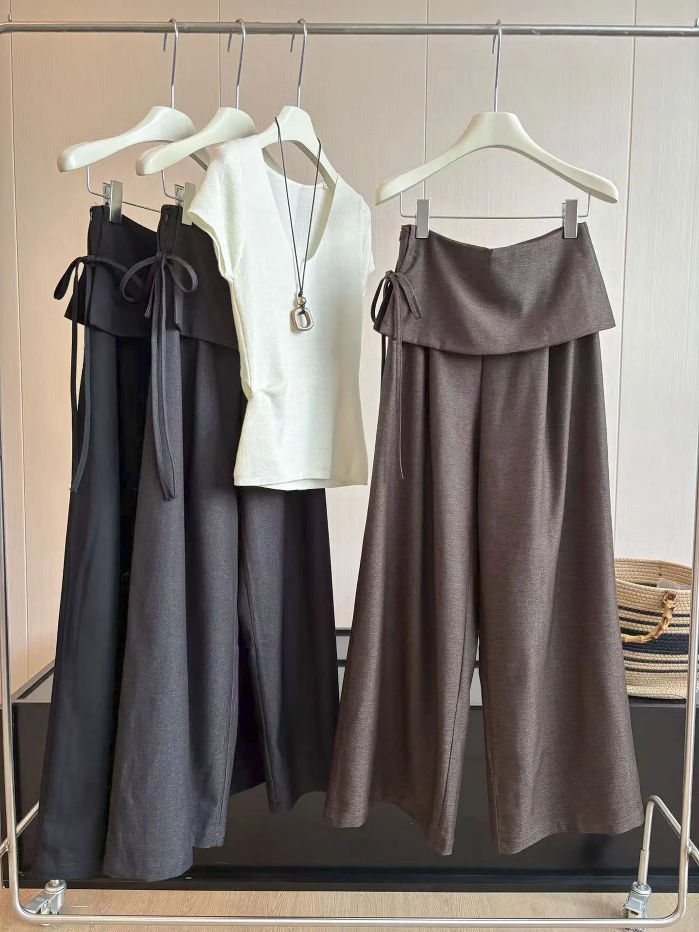 Deep Grey Fake Two-Piece Belted Wide Leg Pants Women's Thin Style Autumn New Loose Drapey Casual Wide Leg Trousers