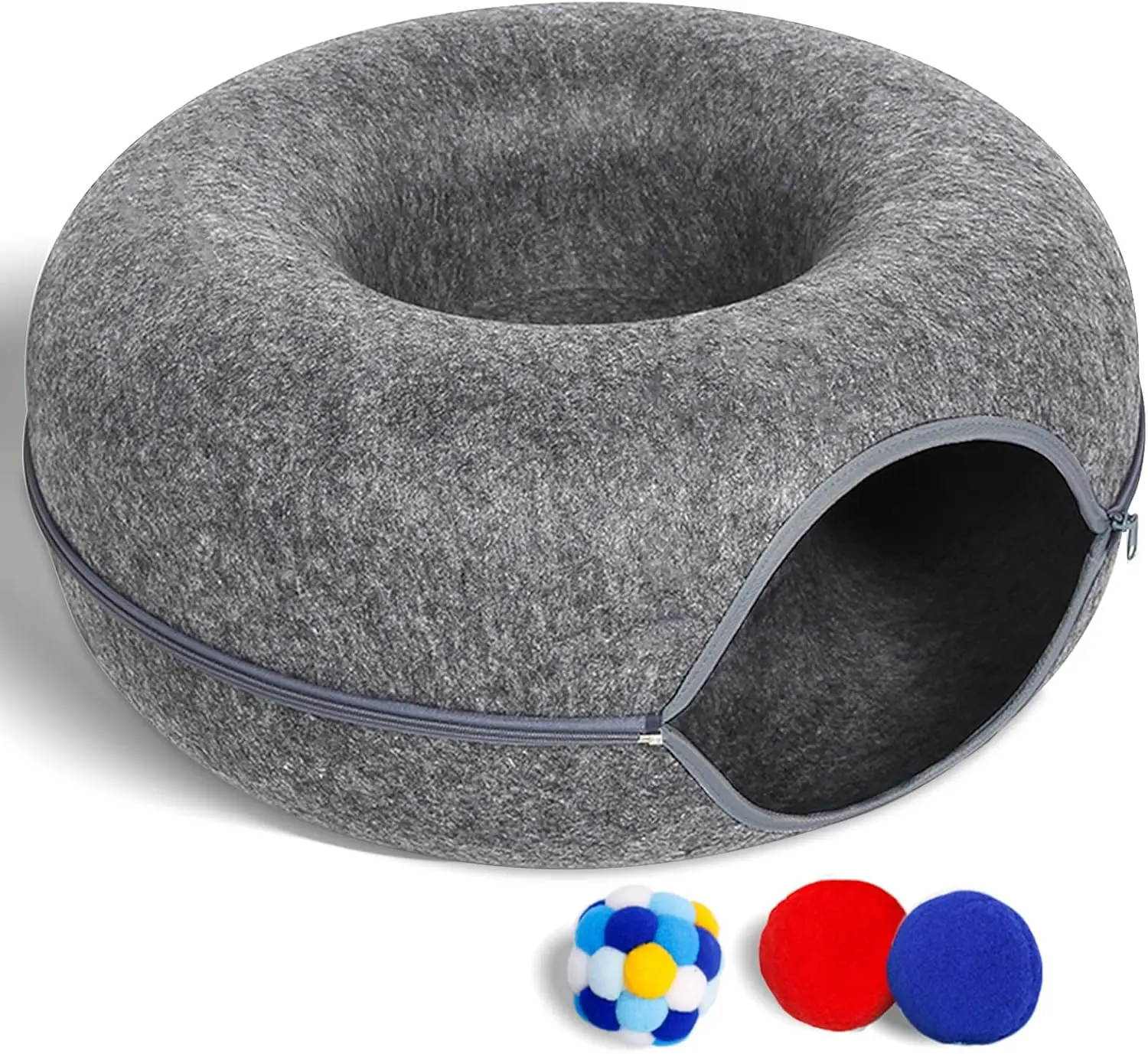 Large Cat Tunnel Bed for Indoor Cats with 3 Toys, Scratch Resistant Donut Cat Bed, Up to 30 Lbs (L 24x24x11, Dark Grey)