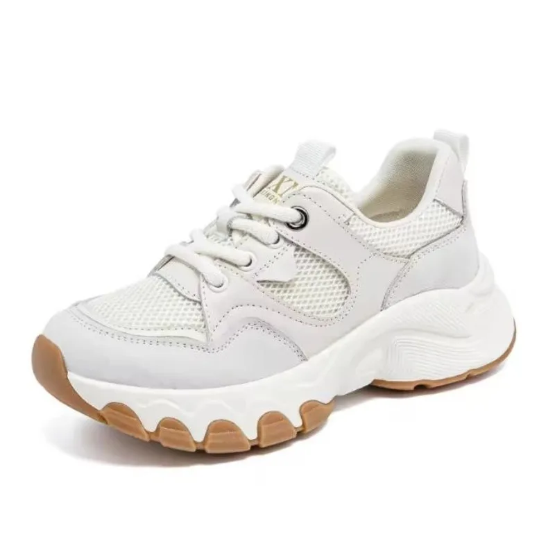 Women's Casual Breathable Leather Shoes Thick Bottom Net Surface Fashionable Versatile Summer Autumn Seasonal Comfortable Spo...