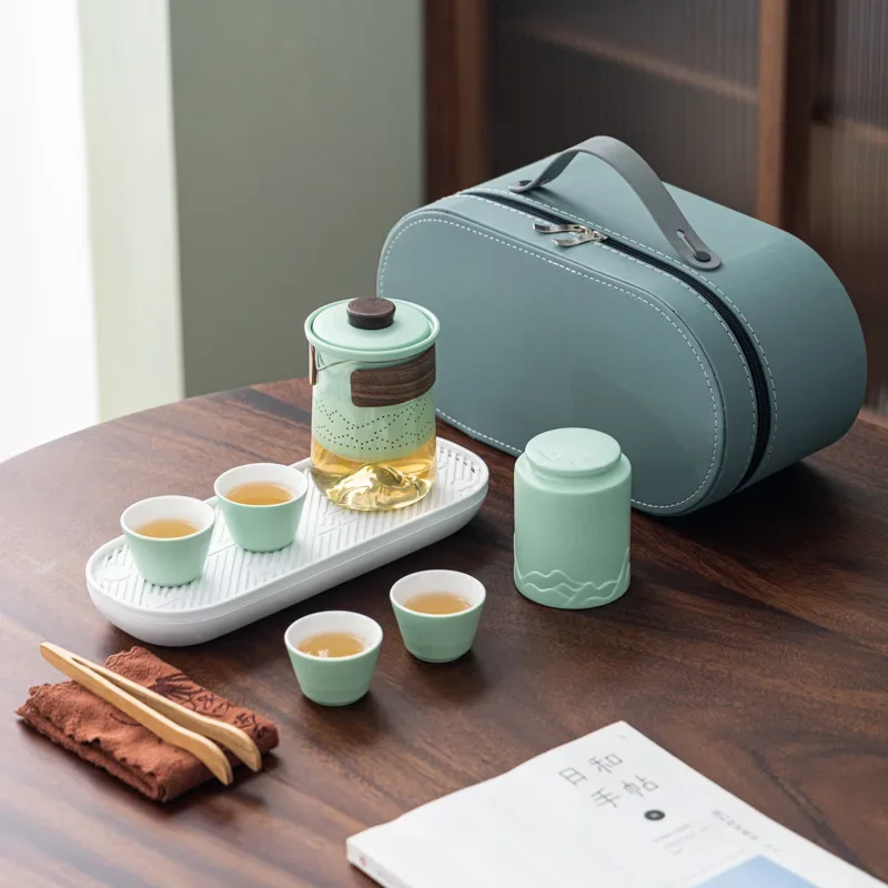 Green Chinese Tradition Teaware TeasetKaresansui Travel Tea Set One Pot Three Cups Ceramic Outdoor Portable Quick Cup Tool Sets