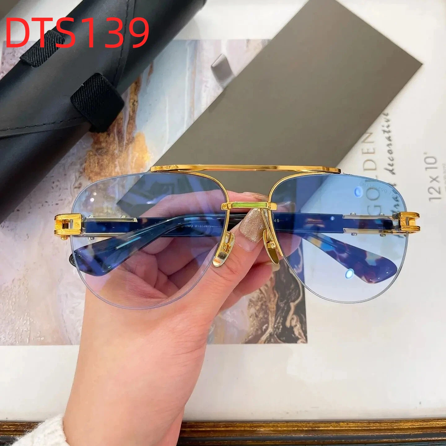 

New DT GRAND-EVO TWO DTS139 Premium Acetate Frame Boundless Womens Sunglasses Gradient Blue Lenses Men's Sun Glasses With Box