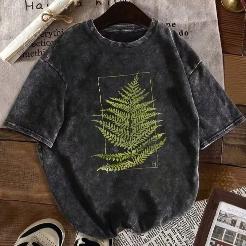 Fern Plant Graphic Men Women T‑Shirt Vintage Washed Distressed Botanical Leaf Print Casual Crew Neck Cotton Short Sleeve Tee Top