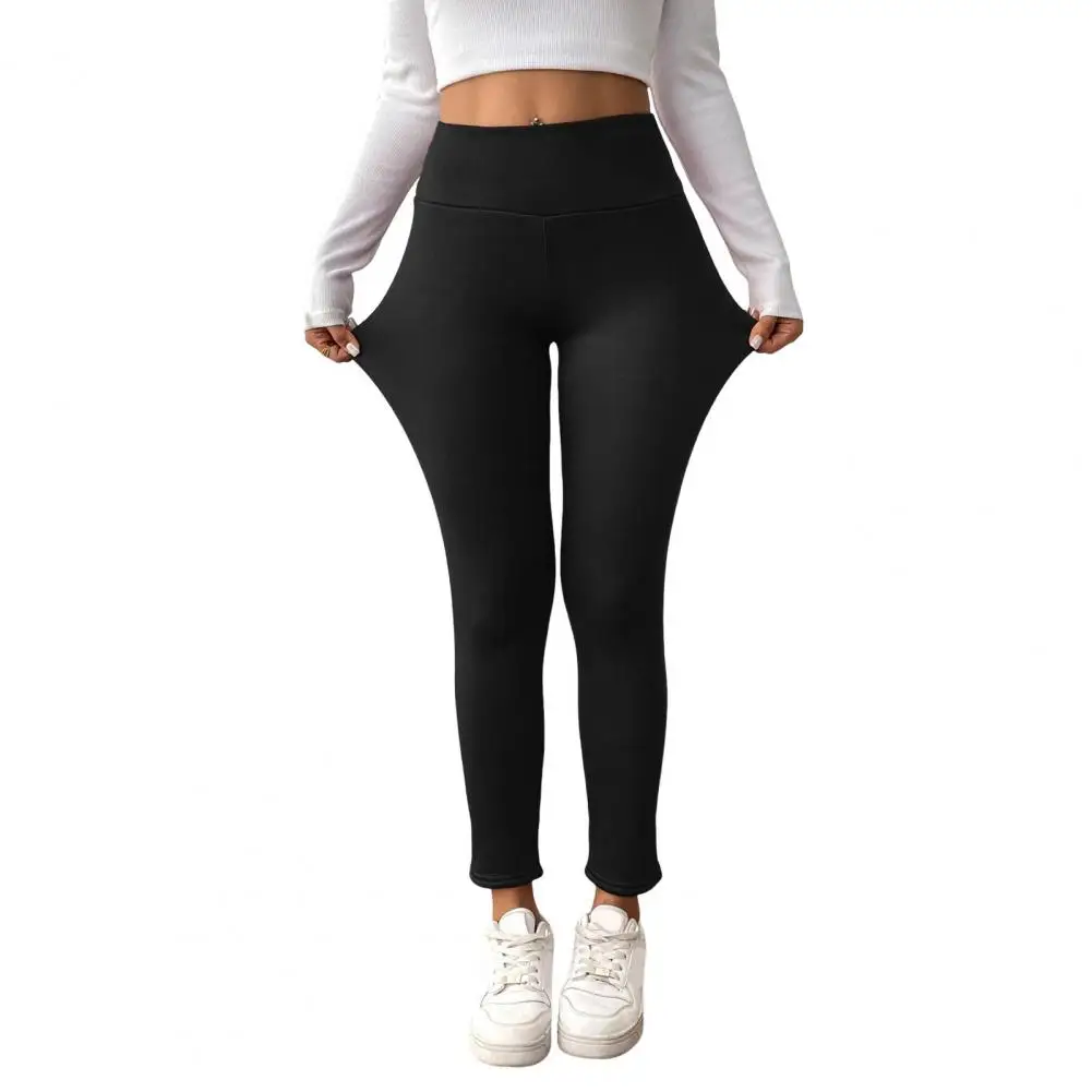 Weather Legwear Cozy Velvet-lined Winter Leggings for Women High-waisted Straight Leg Pants with Body Shaping Effect Solid Color