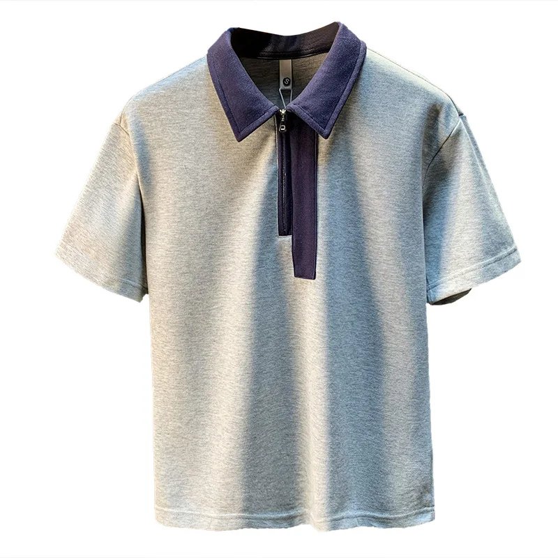 Color blocked lapel short sleeved polo shirt for men, loose and trendy 2025 summer new style shirt, half zip T-shirt