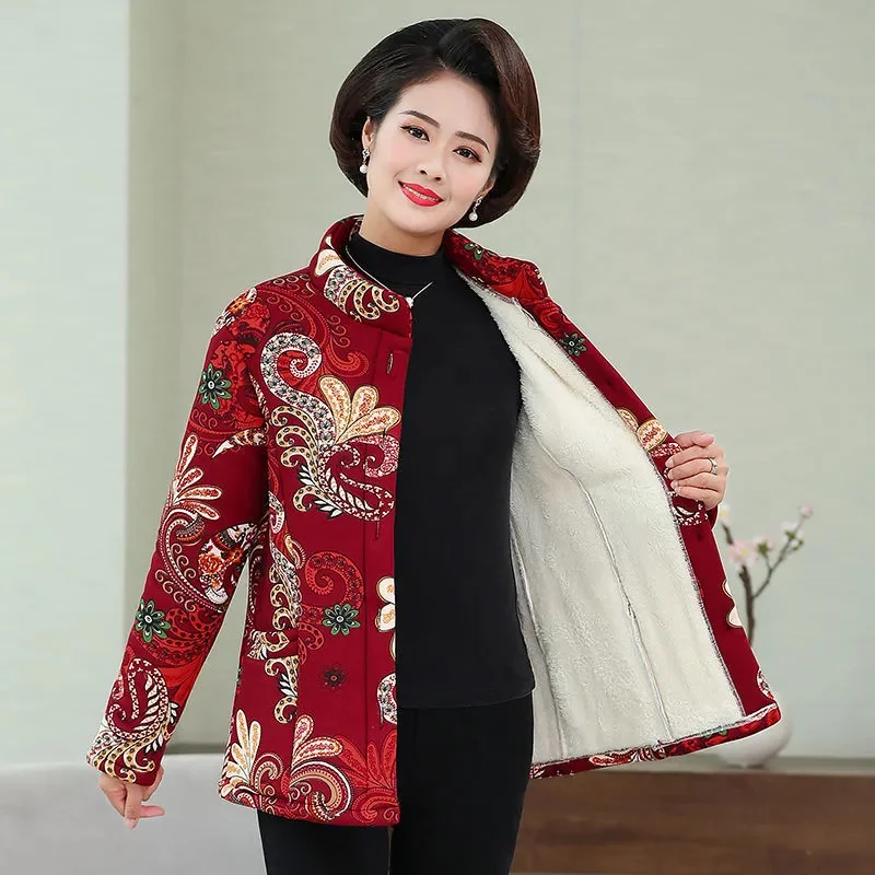 

2025 Autumn Winter Woman Art Retro Cotton and Hemp Printed Cotton Jacket, Women's Loose Retro Plate Button Clip Cotton Jacket