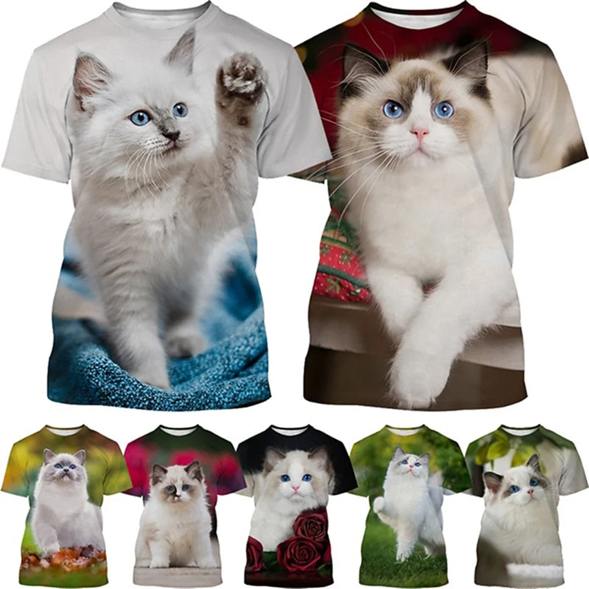 Men Ragdoll Cat 3D Print T-shirt Polyester Short Sleeve Tees Adult Cute Pet Animal Casual Tops