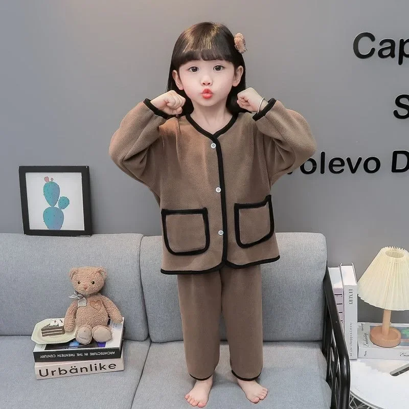 

Girls' Coral Fleece Flannel Winter Sleepwear Set Solid Color Cardigan Pajamas for Kids Warm Winter Homewear for Children