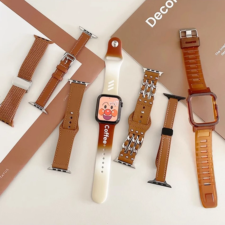 Brown Nylon Magnetic Silicon Leather Strap For Apple Watch Band S10 9 8 7 6 SE 5 38/40/41/42/44/45/46/49mm IWatch Ultra Bracelet