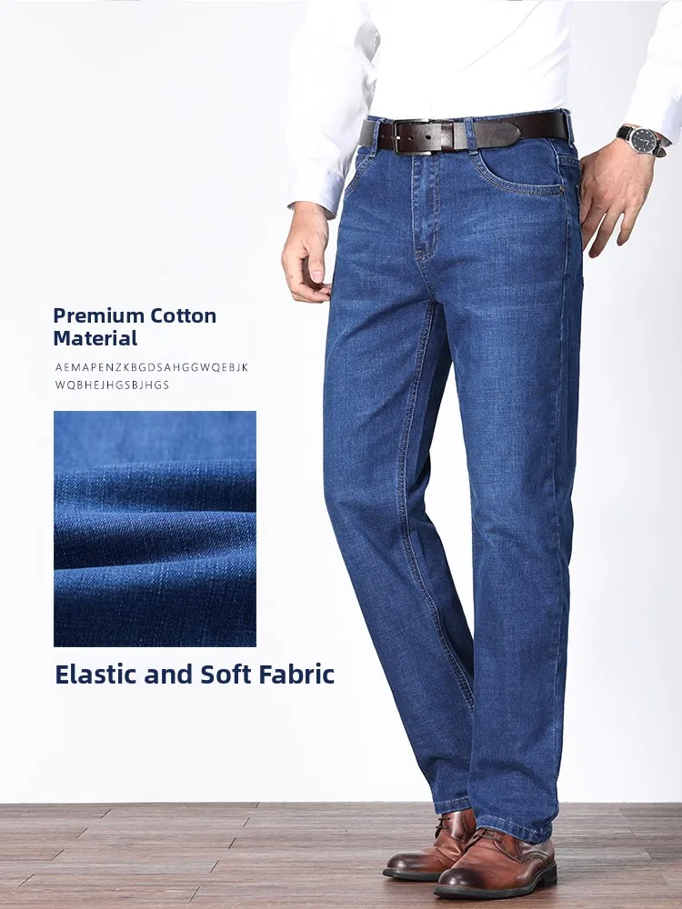 Calças Jeans Masculinas de Perna Reta com Forro de Lã Elástico, Calças Longas Casuais ssas de Aodão com Cintura Alta par...