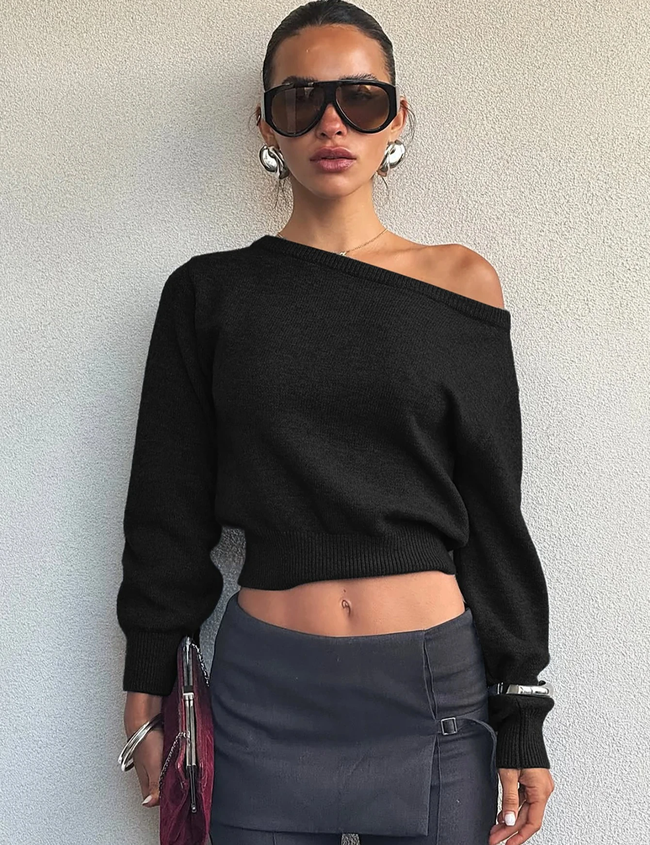 

Women Fashion One Shoulder Solid Long Sleeve Sexy Oversized Crop Top Casual Clothing Streetwear