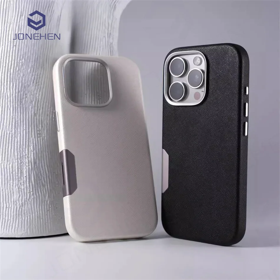 

For Magsafe High-end Cross Pattern Leather Alloy Camera Button Magnetic Case For iPhone 16 15 14 Pro Max Shockproof Armor Cover