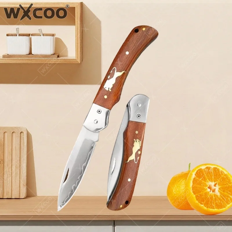 WXCOO High-carbon Steel Multipurpose Fruit Knife Folding Paring Knife Wooden Handle Sharp Kitchen Knife for Cut Meat Slicing