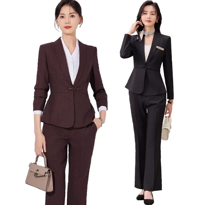 Pop Autumn Winter Temperament Chinese Style Suit 2024 Black Wine Red Long Sleeve Blazer Coat + High Waist Pant Two Piece Set New