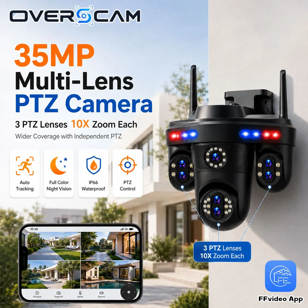 35MP Multi Lens WiFi Outdoor PTZ Camera 7 View Independent Control AI Tracking Color Night Vision IP66 Waterproof FFvideo APP