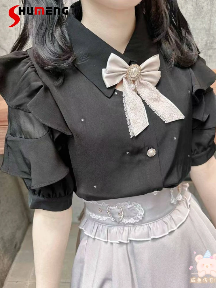 

Japanese Mine Style Lace Stitching Bow Flying Sleeve Single-Breasted Rhinestone Sweet Lolita Inner Blouse Shirt Tops for Women