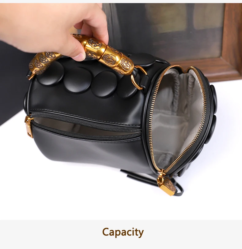 2026 Neues Design Damen Retro-Knopf-Lederhandtaschen Luxuriöse High-End Runde Röhrenförmige Bucket Bag Neue Mode Schulter-Umhängetasche – Detail 13