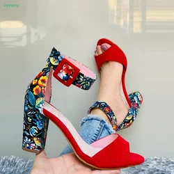 Mixed Colors Prin Sandals Women's Buckle Round Toe Hollow Chunky Heel Summer New Arrival Fashion Confortable Sweet Shoes