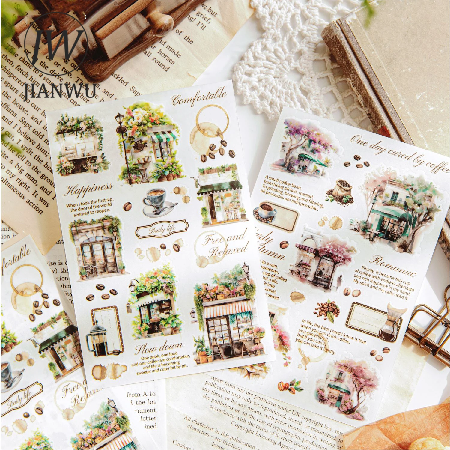 JIANWU 2 Sheets A Cup of Coffee Series Vintage Character Material PET Transfer Sticker Creative DIY Journal Collage Stationery