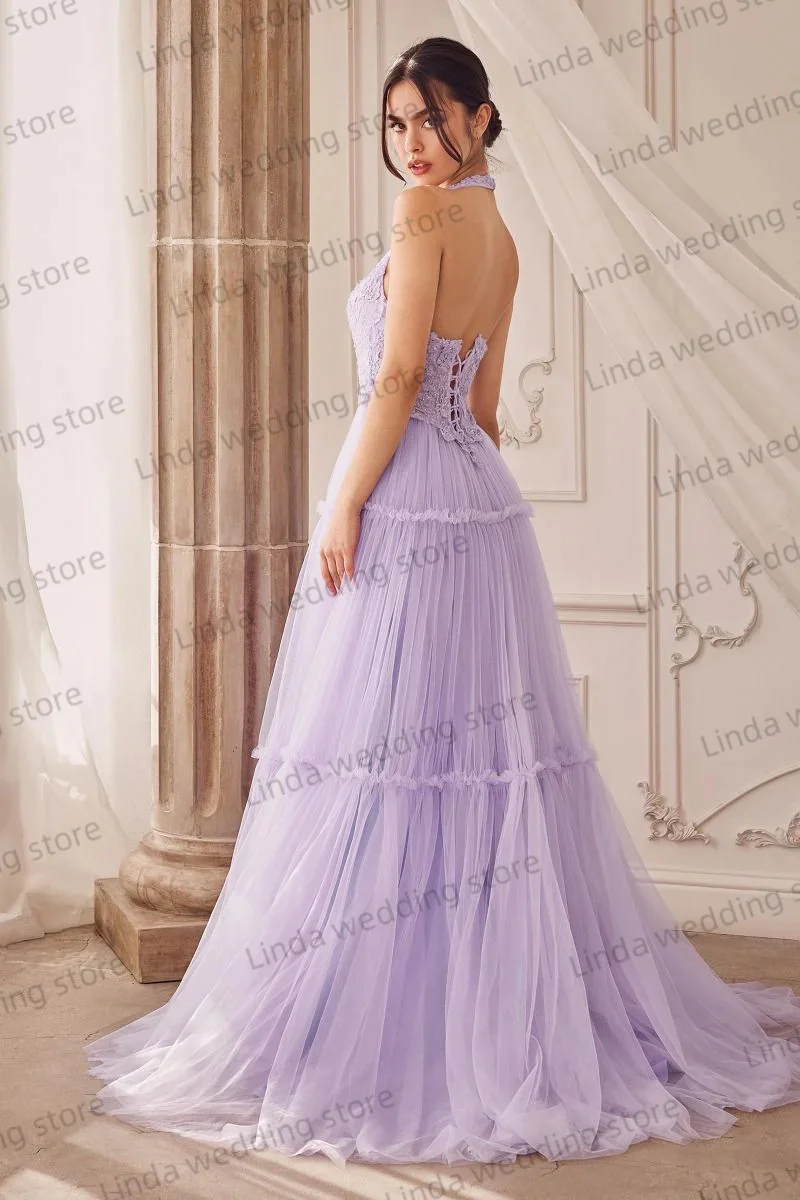 Vestidos de Noche de línea A sin mangas con cuello Halter, vestido de graduación, apliques de encaje, vestido largo Formal de fiesta, túnicas sin espalda, púrpura