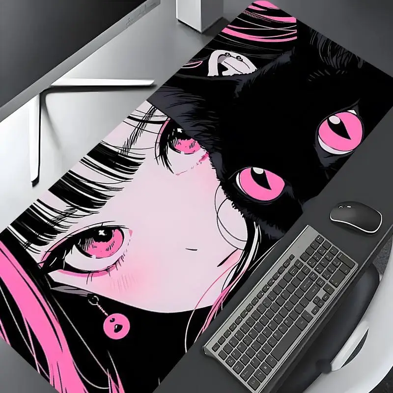 

Cute Anime Cat Girl Mouse Pad, Large Gaming Mouse Pad Non-Slip, Black Pink Pupil Pattern Desktop Pad