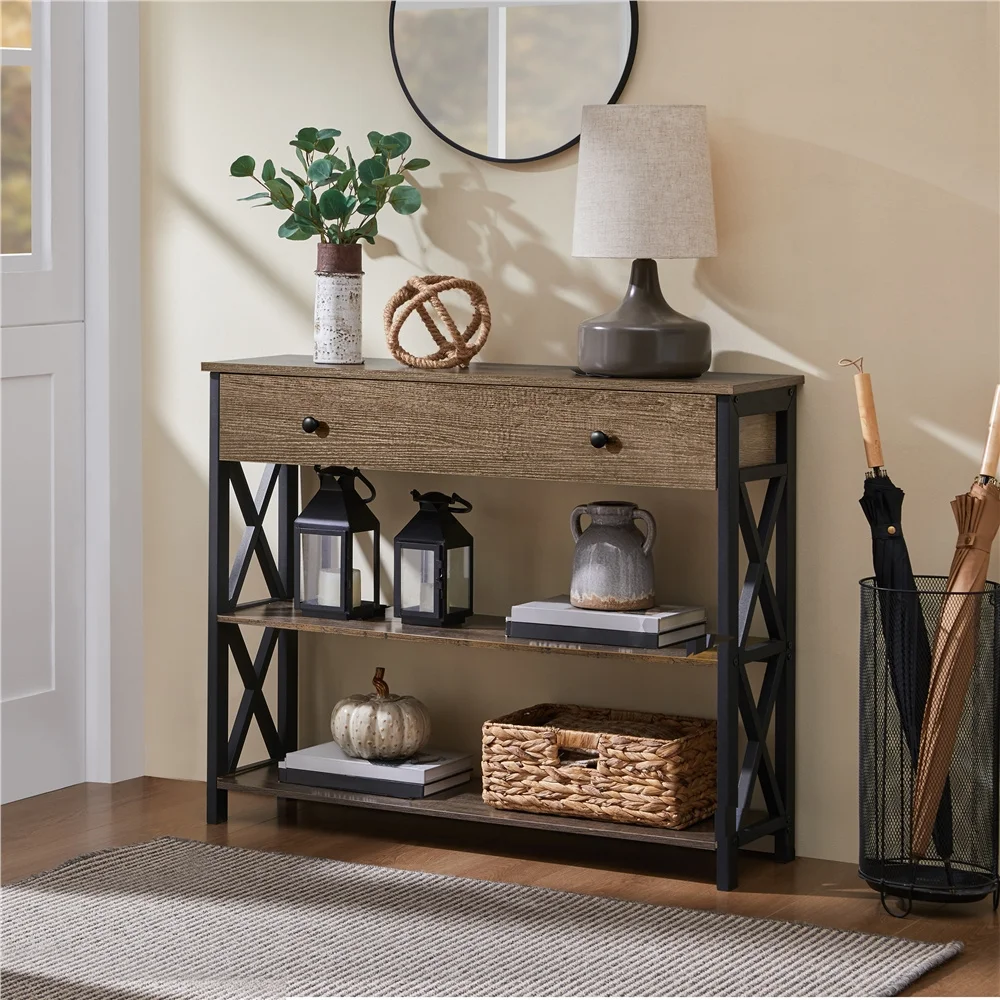 Console Table with Drawer and Storage Shelves, 3-Tier Sofa Table, Entryway Table with Metal Frame for Living Room Hallway image 5